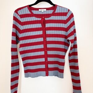 Madewell Ribbed Crewneck Striped Cardigan Sweater in Garnet and Gray Size XL